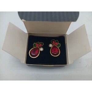 VTG AVON Gold Tone Green Enamel Rhinestone Poinsettia Christmas Flower Earrings